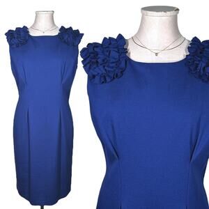 New $248 TRINA TURK Rosette Ruffle Blue Dress Pleated Sheath Career Wedding 10